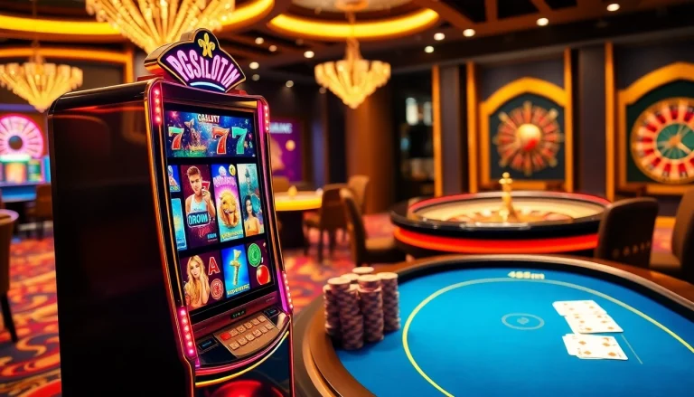 PGSLOT IN vibrant casino scene featuring a slot machine, poker chips, and roulette wheels.
