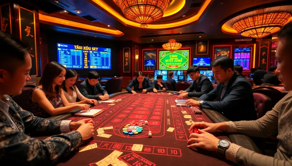 Tài Xỉu Online players immersed in a thrilling casino game with colorful betting chips and dice.