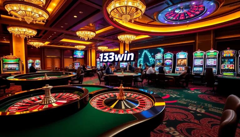 Players enjoying thrilling games at 13win casino with vibrant slot machines and roulette.