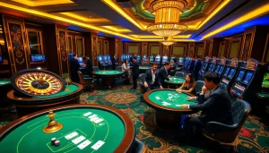 Tỷ lệ bóng đá 7m showcased amidst an exciting casino setting with poker tables and roulette wheels.