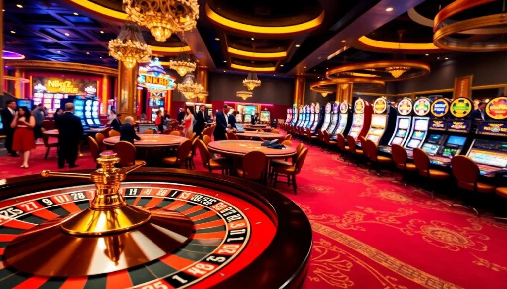 Experience the thrill of NK88 at a vibrant casino with roulette, poker, and slot machines.