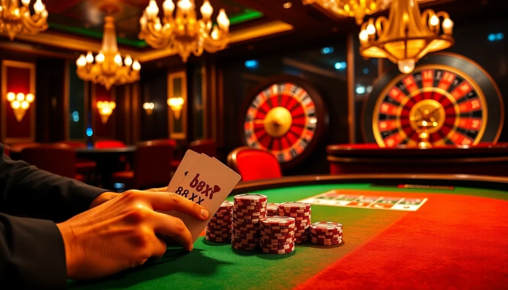 Players enjoy a thrilling game of poker at a luxurious casino table with 88xx chips.