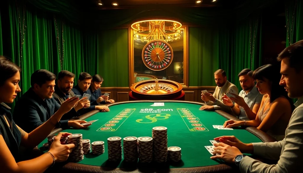 Players enjoying poker at S8.com with vivid chips and cards, enhancing the gaming excitement.