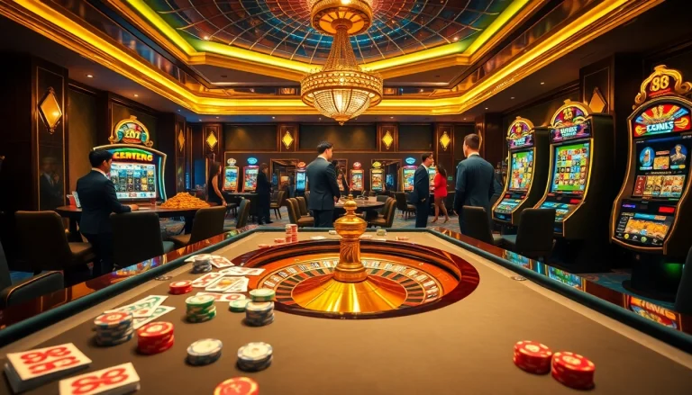 Excited players enjoying a luxurious casino environment with poker chips and cards at 88i.