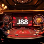 Players strategize at a poker table in a glamorous casino showcasing J88 vibes.