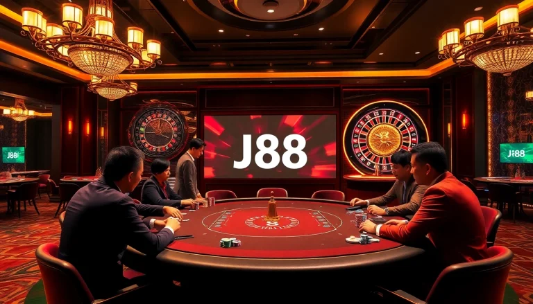 Players strategize at a poker table in a glamorous casino showcasing J88 vibes.