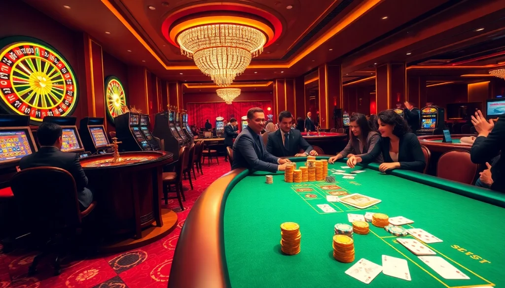 Experience the thrill of 555 win with gamblers celebrating at a vibrant casino.