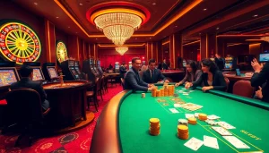 Experience the thrill of 555 win with gamblers celebrating at a vibrant casino.