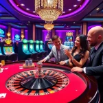 BRO138 players celebrating a winning moment at a luxurious casino table with vibrant colors.