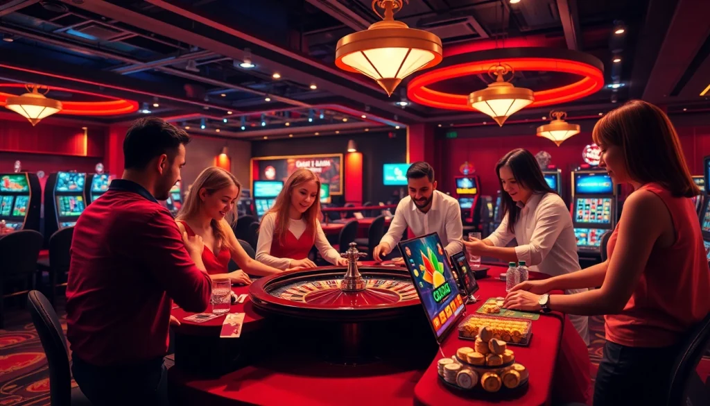 Experience the thrill of gambling with nhà cái dr88, showcasing an exciting online casino atmosphere filled with vibrant game tables and engaged players.
