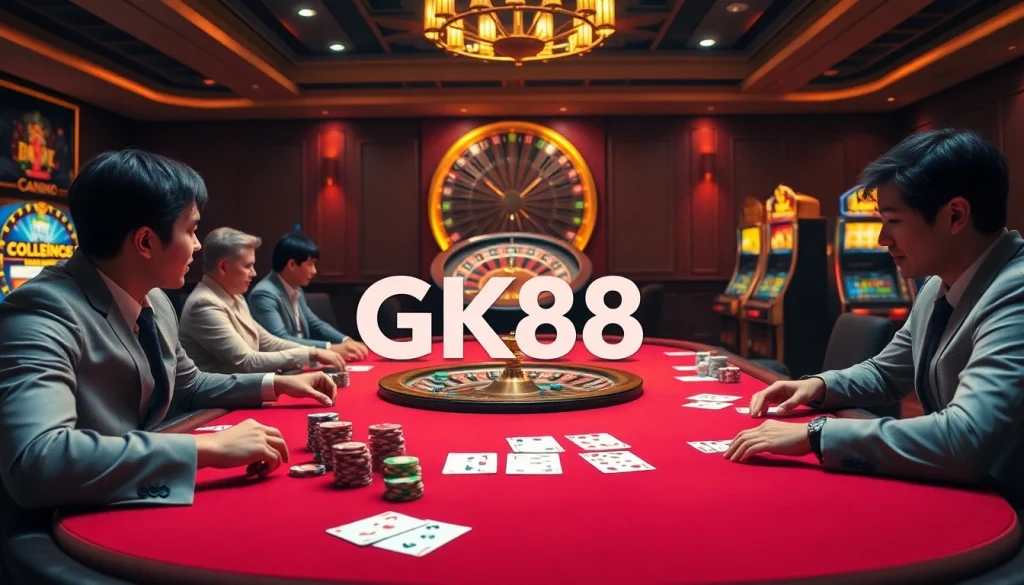 Experience high-stakes poker action with GK88 in a luxurious casino setting, vibrant chips, and cards.