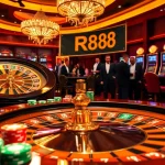 Experience RR88 excitement at a luxurious casino with poker chips, a roulette wheel, and vibrant slot machines.