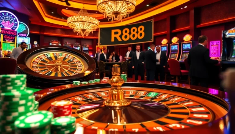 Experience RR88 excitement at a luxurious casino with poker chips, a roulette wheel, and vibrant slot machines.