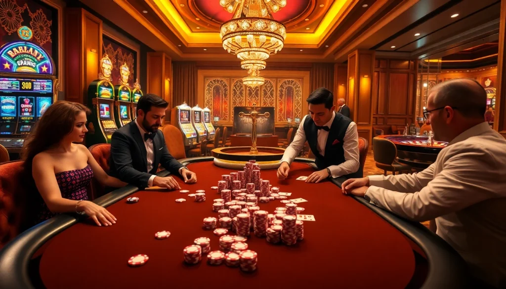 Experience the excitement of 789WIN's luxurious casino gaming atmosphere with vibrant poker tables and slot machines.