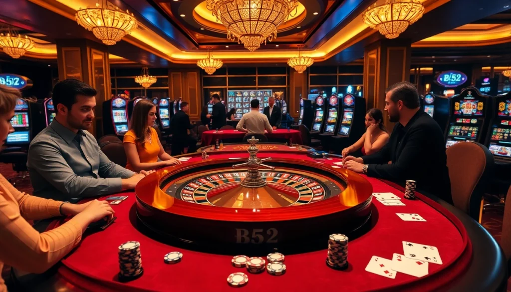 Experience the excitement at the b52 gaming table with poker chips and a roulette wheel.