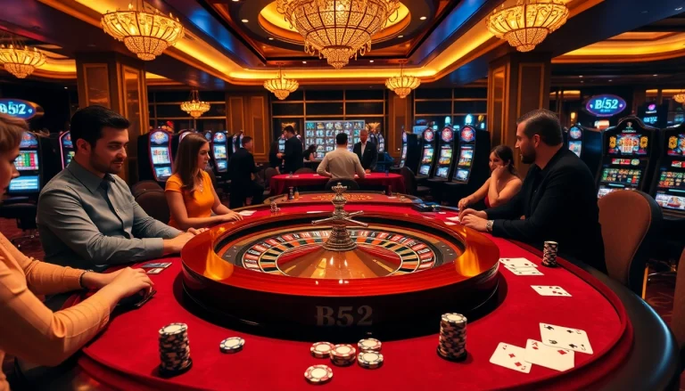 Experience the excitement at the b52 gaming table with poker chips and a roulette wheel.