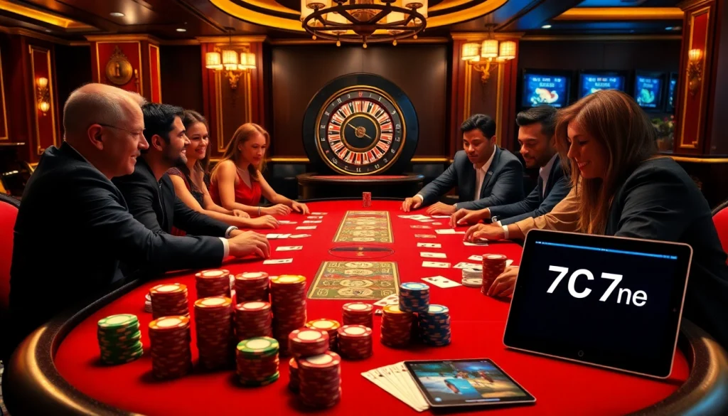 Engaged players at a vibrant poker table showcasing 7C77 one with colorful chips and a digital interface.