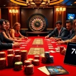 Engaged players at a vibrant poker table showcasing 7C77 one with colorful chips and a digital interface.