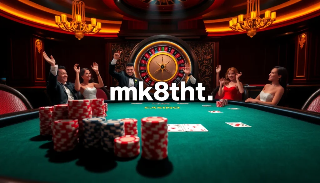 High-stakes poker action at mk8th.net's sophisticated casino layout, showcasing vibrant chips and players in excitement.