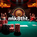 High-stakes poker action at mk8th.net's sophisticated casino layout, showcasing vibrant chips and players in excitement.