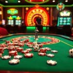 Experience the thrill of gambling with fun79 at a vibrant casino table filled with poker chips and slot machines.