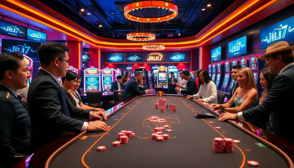 Players enjoying JILI7 casino games at an upscale gambling venue with vibrant lights.