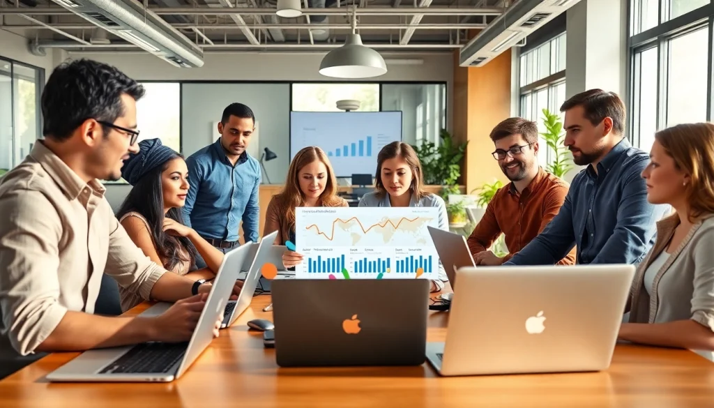 Marking Agency team collaborating in a vibrant workspace showcasing creativity and analytics.