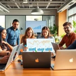 Marking Agency team collaborating in a vibrant workspace showcasing creativity and analytics.