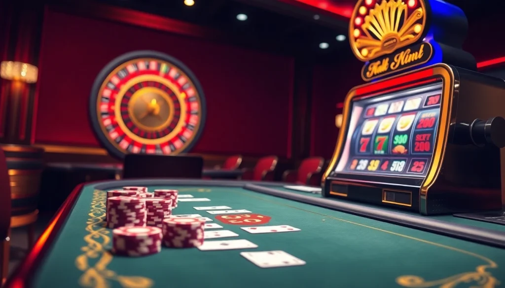 Experience the thrill of online gambling with BJ388's luxurious casino setting featuring vibrant slot machines and elegant poker tables.