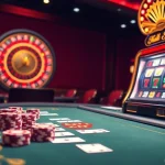 Experience the thrill of online gambling with BJ388's luxurious casino setting featuring vibrant slot machines and elegant poker tables.