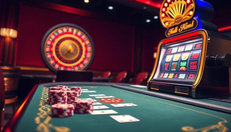 Experience the thrill of online gambling with BJ388's luxurious casino setting featuring vibrant slot machines and elegant poker tables.