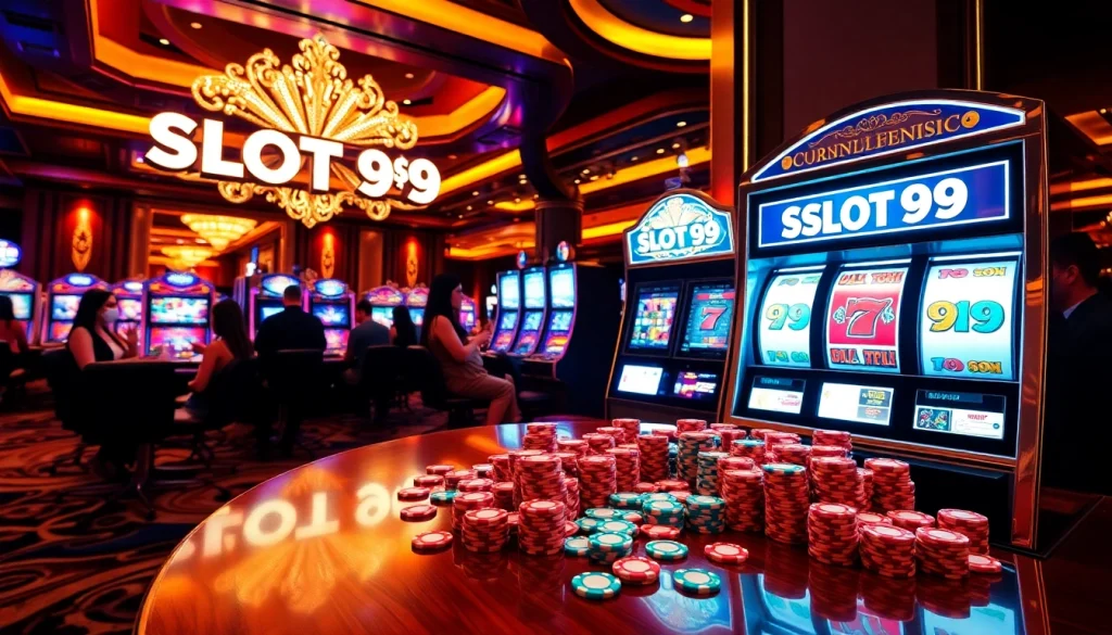 Players enjoy exciting wins at SLOT99 slot machines in a vibrant casino atmosphere.