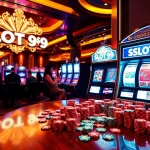 Players enjoy exciting wins at SLOT99 slot machines in a vibrant casino atmosphere.