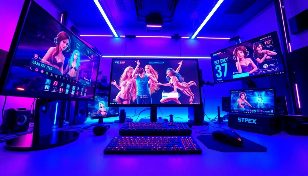 Engaging scene of interactive sex game interfaces in a vibrant gaming setup.