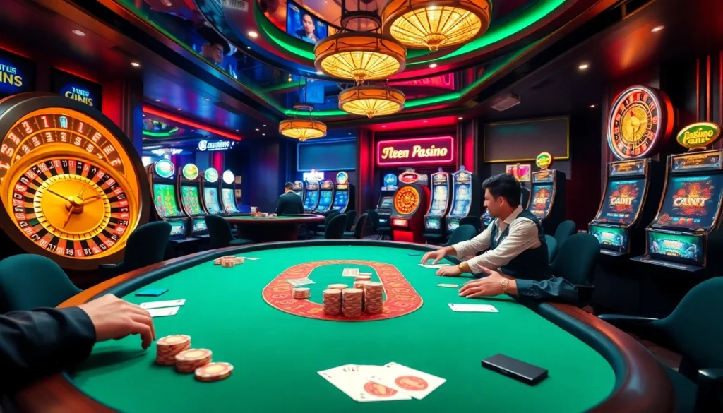 Players placing bets at a poker table inspired by https://go8vni.com/ in a luxurious casino setting.