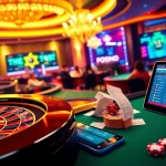Engage in Betting Online Now with a luxurious casino atmosphere featuring poker tables and live betting screens.