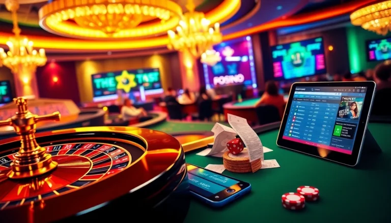 Engage in Betting Online Now with a luxurious casino atmosphere featuring poker tables and live betting screens.