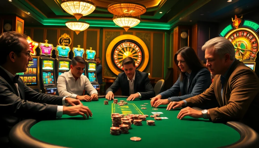 Casino excitement at http://abc1256.com/ with intense poker play and vibrant slot machines lighting up the scene.