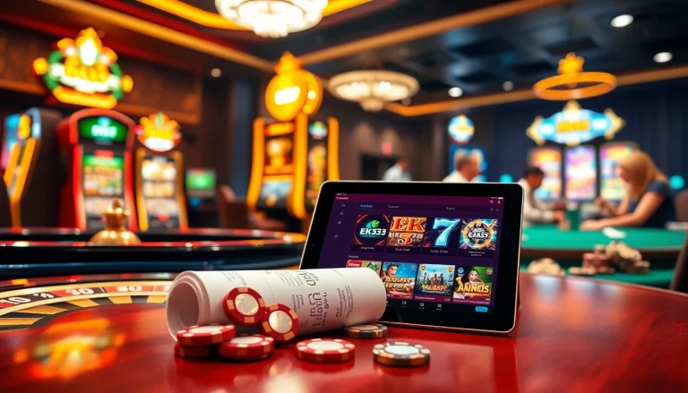 Win big at EK333's thrilling gaming platform with poker chips and roulette in a vibrant casino scene.