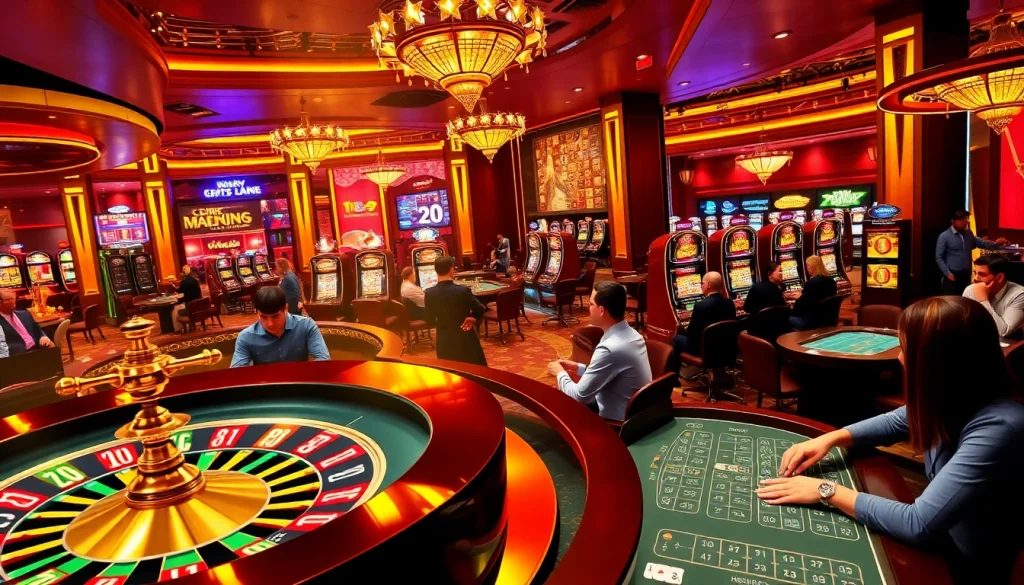 Experience the thrill of online gambling at https://33wintop.com/ surrounded by vibrant casino elements and engaged players.
