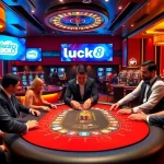 Players celebrate wins at the luck8 casino, showcasing excitement with colorful slot machines and poker chips.
