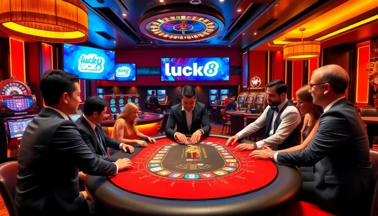 Players celebrate wins at the luck8 casino, showcasing excitement with colorful slot machines and poker chips.