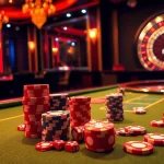 Experience excitement with the 8kbet link at a luxurious casino poker table filled with vibrant chips and lights.