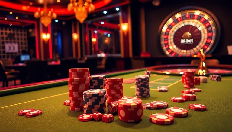 Experience excitement with the 8kbet link at a luxurious casino poker table filled with vibrant chips and lights.