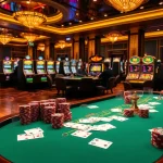 Gamblers engaging with FLY88-themed poker chips at an upscale casino table.
