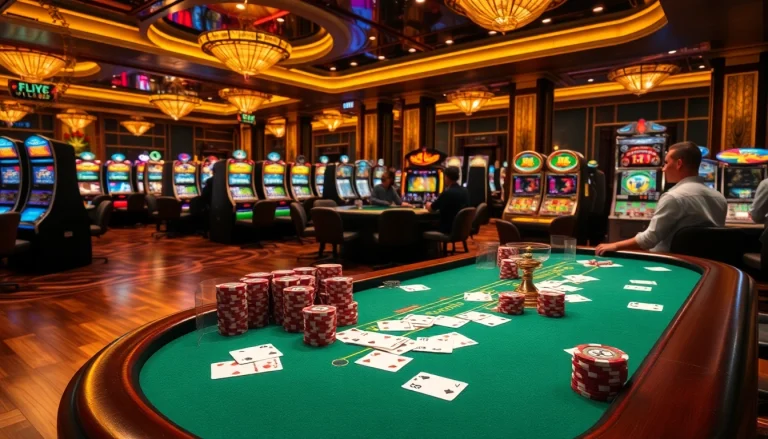 Gamblers engaging with FLY88-themed poker chips at an upscale casino table.