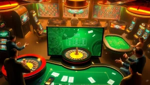 Tai game b52 features exciting online casino elements, showcasing poker tables and slot machines.