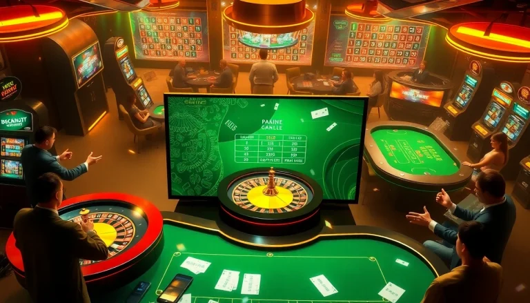Tai game b52 features exciting online casino elements, showcasing poker tables and slot machines.