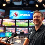 Dynamic sports broadcasting scene featuring a commentator and multiple screens showcasing live sports broadcasting.