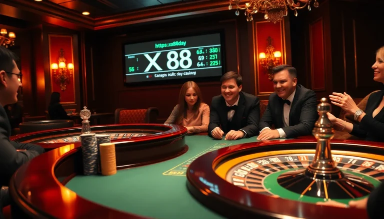 Experience thrilling gaming at https://xx88.day/, featuring a high-stakes poker table filled with eager players and a roulette wheel.